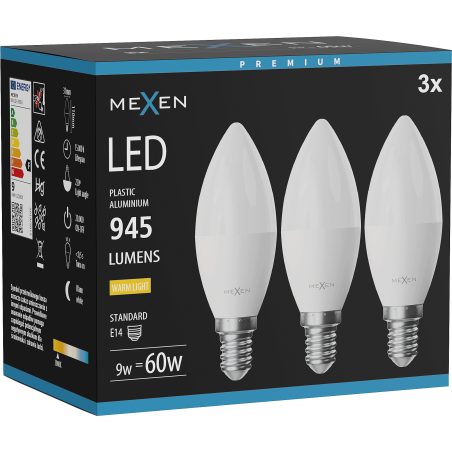 Mexen Nova 3x LED крушка E14, C37, 9W, Топла - 3000K, 945 lm - L102-E14-0930-01x03