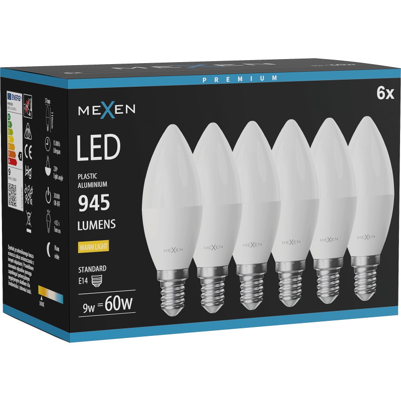 Mexen Nova 6x LED крушка E14, C37, 9W, Топла - 3000K, 945 lm - L102-E14-0930-01x06