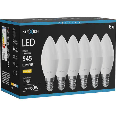 Mexen Nova 6x LED крушка E14, C37, 9W, Топла - 3000K, 945 lm - L102-E14-0930-01x06