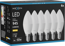 Mexen Nova 6x LED крушка E14, C37, 9W, Топла - 3000K, 945 lm - L102-E14-0930-01x06