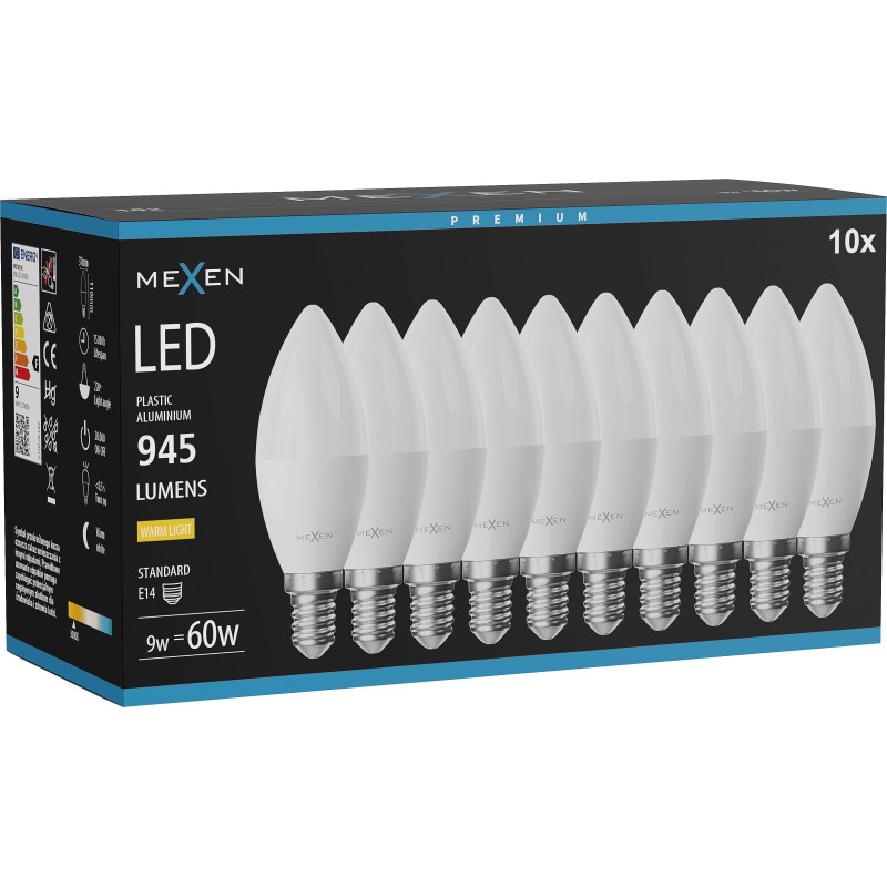 Mexen Nova 10x LED крушка E14, C37, 9W, Топла - 3000K, 945 lm - L102-E14-0930-01x10