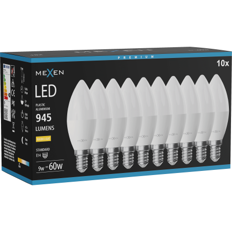 Mexen Nova 10x LED крушка E14, C37, 9W, Топла - 3000K, 945 lm - L102-E14-0930-01x10
