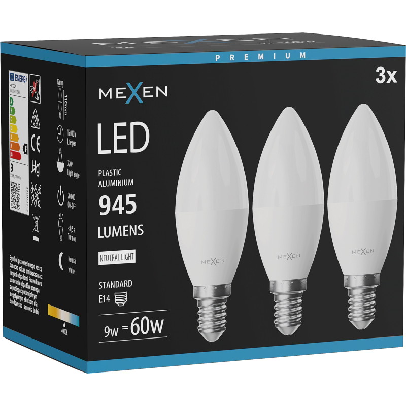 Mexen Nova 3x LED крушка E14, C37, 9W, неутрална - 4000K, 945 lm - L102-E14-0940-01x03