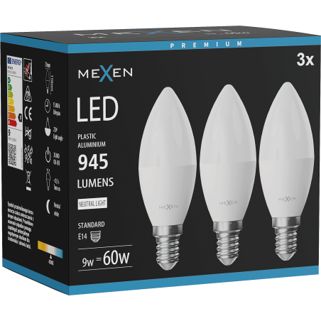 Mexen Nova 3x LED крушка E14, C37, 9W, неутрална - 4000K, 945 lm - L102-E14-0940-01x03