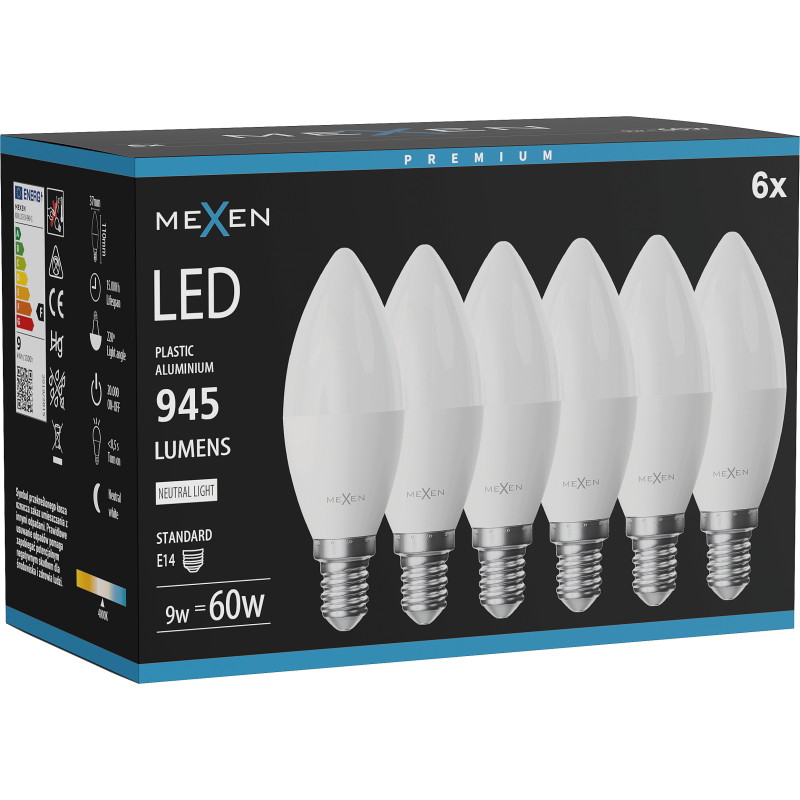 Mexen Nova 6x LED крушка E14, C37, 9W, Неутрална - 4000K, 945 lm - L102-E14-0940-01x06