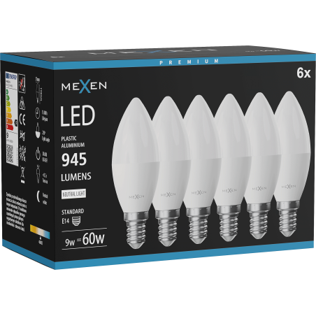 Mexen Nova 6x LED крушка E14, C37, 9W, Неутрална - 4000K, 945 lm - L102-E14-0940-01x06