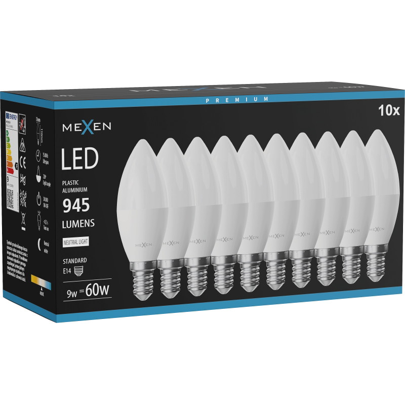 Mexen Nova 10x LED крушка E14, C37, 9W, Неутрална - 4000K, 945 lm - L102-E14-0940-01x10
