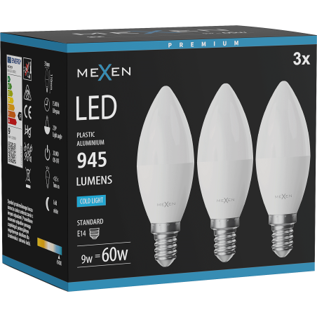 Mexen Nova 3x LED крушка E14, C37, 9W, Студена - 6500K, 945 lm - L102-E14-0965-01x03