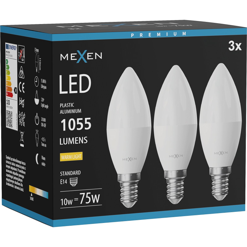 Mexen Nova 3x LED крушка E14, C37, 10W, Топла - 3000K, 1055 lm - L102-E14-1030-01x03