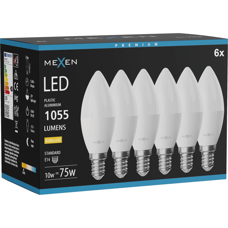 Mexen Nova 6x LED крушка E14, C37, 10W, Топла - 3000K, 1055 lm - L102-E14-1030-01x06