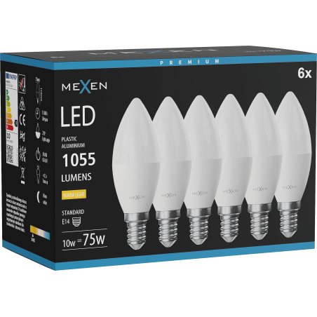 Mexen Nova 6x LED крушка E14, C37, 10W, Топла - 3000K, 1055 lm - L102-E14-1030-01x06