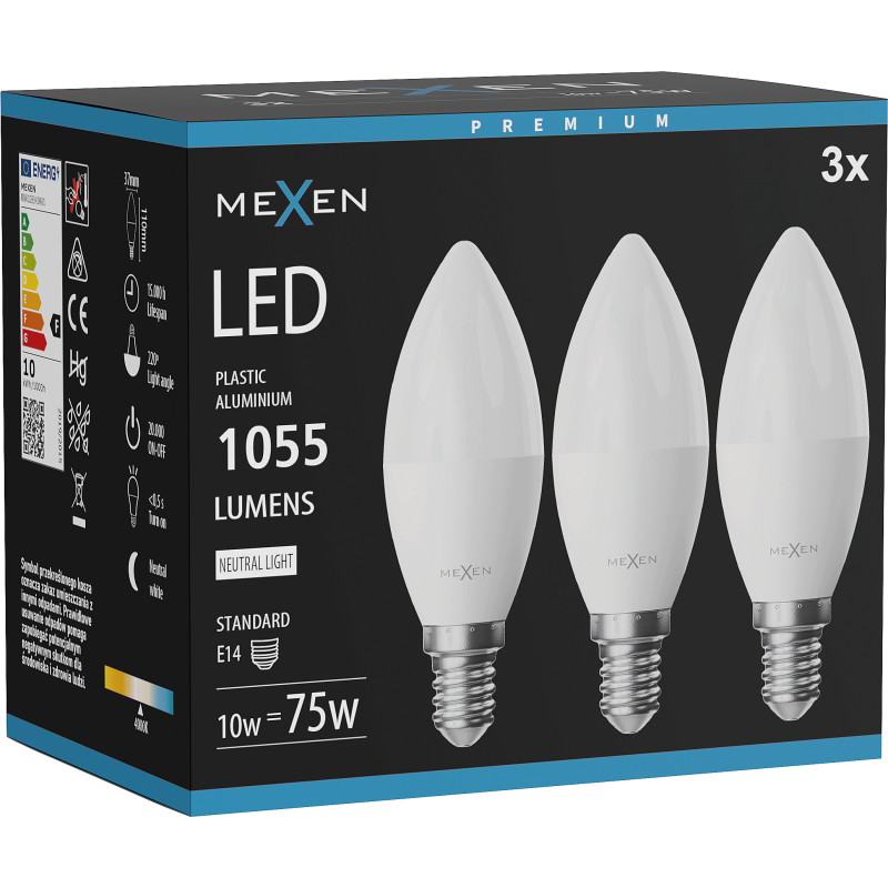 Mexen Nova 3x LED крушка E14, C37, 10W, неутрална - 4000K, 1055 lm - L102-E14-1040-01x03