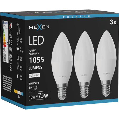 Mexen Nova 3x LED крушка E14, C37, 10W, неутрална - 4000K, 1055 lm - L102-E14-1040-01x03