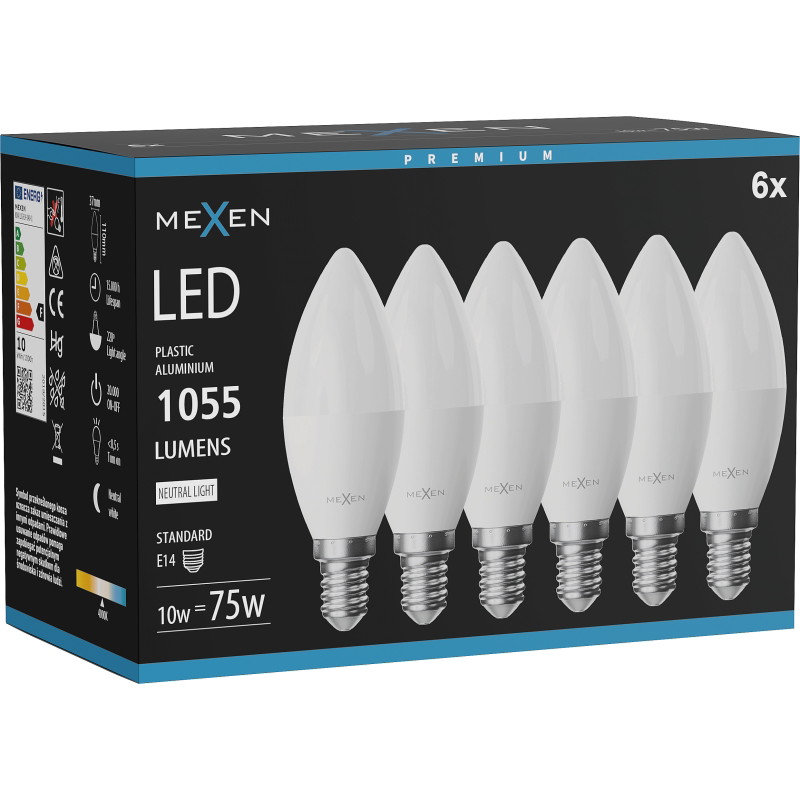Mexen Nova 6x LED крушка E14, C37, 10W, Неутрална - 4000K, 1055 lm - L102-E14-1040-01x06