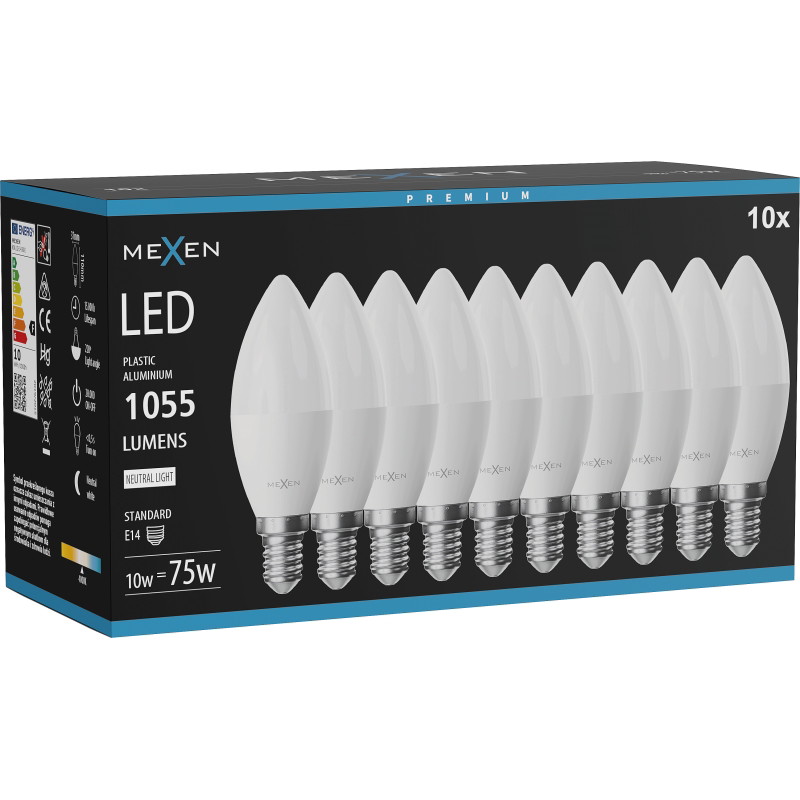 Mexen Nova 10x LED крушка E14, C37, 10W, неутрална - 4000K, 1055 lm - L102-E14-1040-01x10