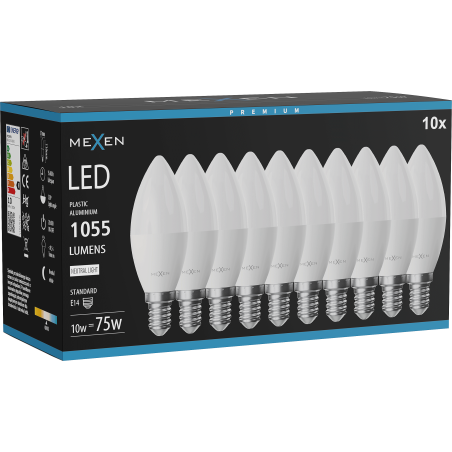 Mexen Nova 10x LED крушка E14, C37, 10W, неутрална - 4000K, 1055 lm - L102-E14-1040-01x10