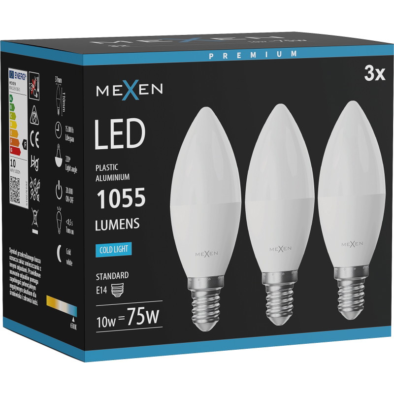 Mexen Nova 3x LED крушка E14, C37, 10W, Студена - 6500K, 1055 lm - L102-E14-1065-01x03
