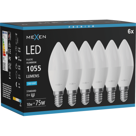 Mexen Nova 6x LED крушка E14, C37, 10W, Студена - 6500K, 1055 lm - L102-E14-1065-01x06