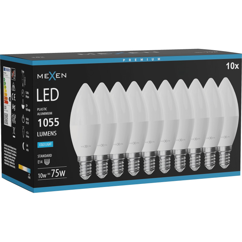 Mexen Nova 10x LED крушка E14, C37, 10W, Студена - 6500K, 1055 lm - L102-E14-1065-01x10