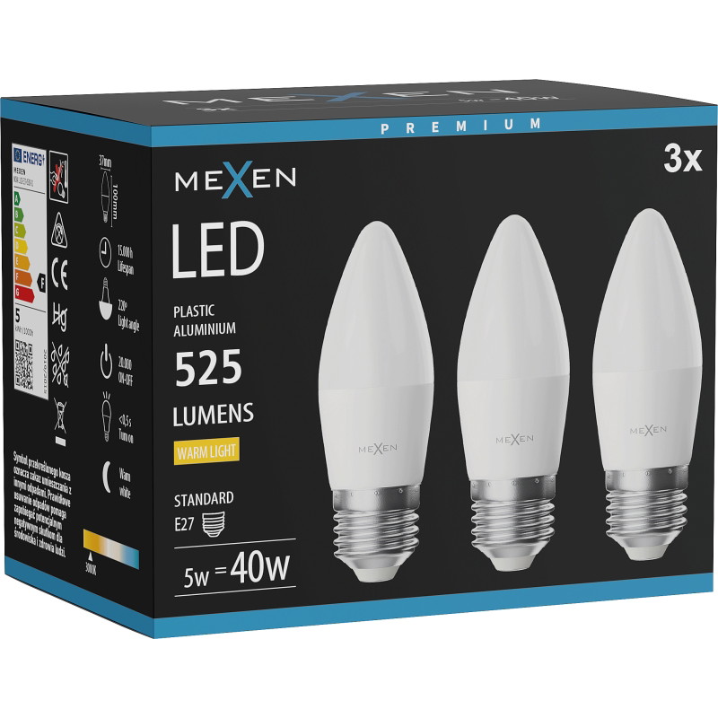 Mexen Nova 3x LED крушка E27, C37, 5W, Топла - 3000K, 525 lm - L102-E27-0530-01x03