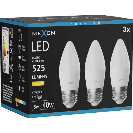 Mexen Nova 3x LED крушка E27, C37, 5W, Топла - 3000K, 525 lm - L102-E27-0530-01x03