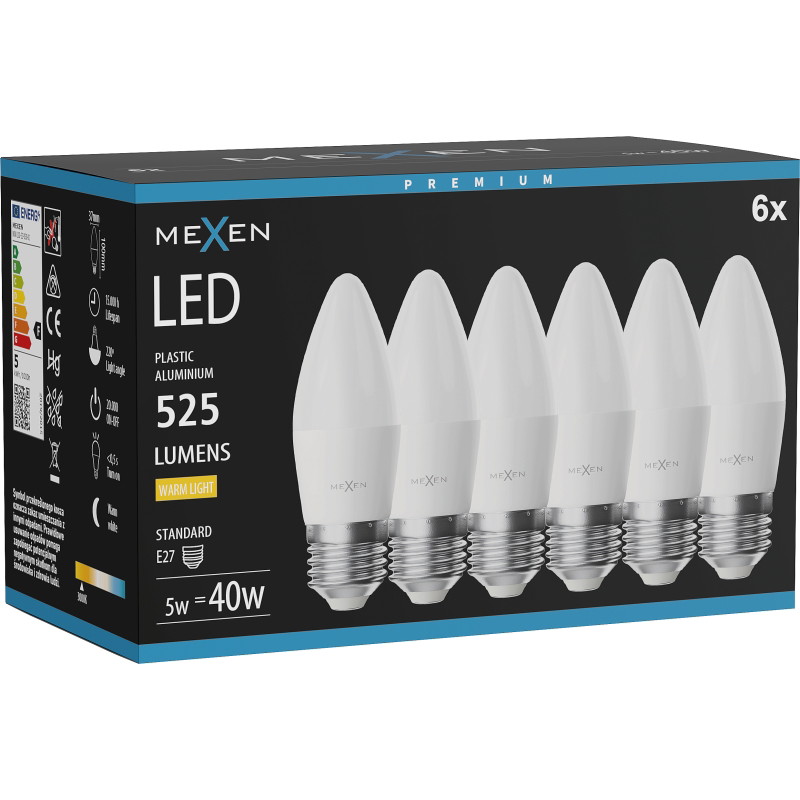 Mexen Nova 6x LED крушка E27, C37, 5W, Топла - 3000K, 525 lm - L102-E27-0530-01x06