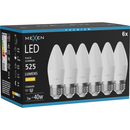 Mexen Nova 6x LED крушка E27, C37, 5W, Топла - 3000K, 525 lm - L102-E27-0530-01x06