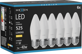 Mexen Nova 6x LED крушка E27, C37, 5W, Топла - 3000K, 525 lm - L102-E27-0530-01x06