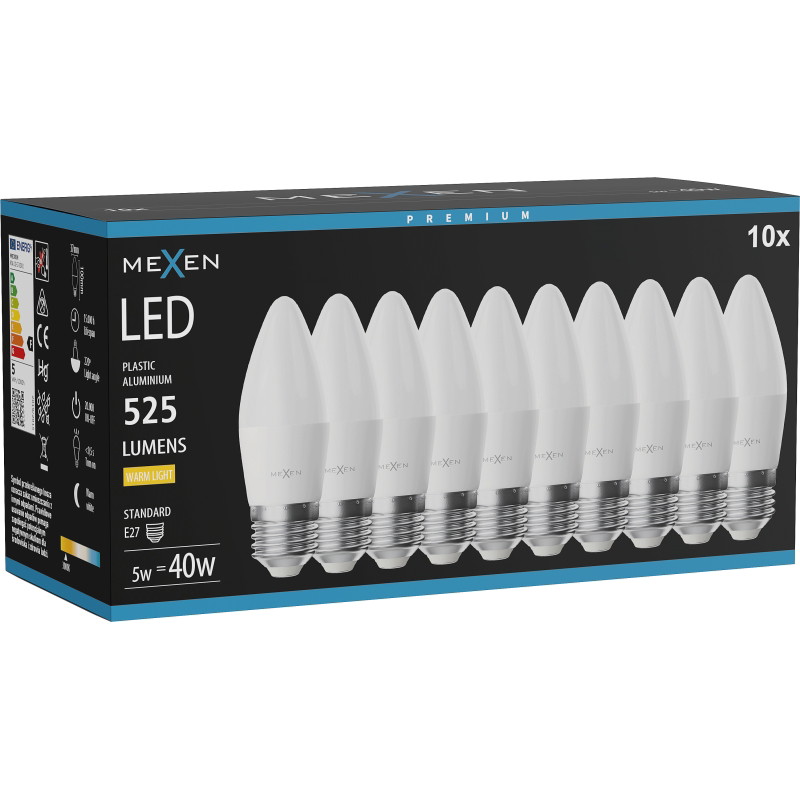 Mexen Nova 10x LED крушка E27, C37, 5W, Топла - 3000K, 525 lm - L102-E27-0530-01x10