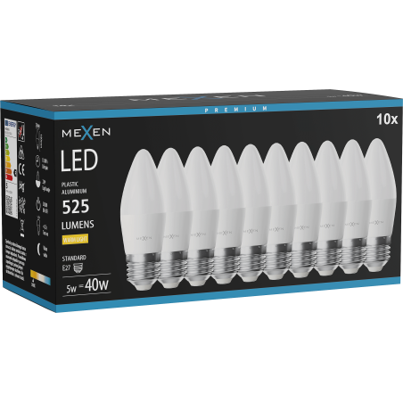 Mexen Nova 10x LED крушка E27, C37, 5W, Топла - 3000K, 525 lm - L102-E27-0530-01x10