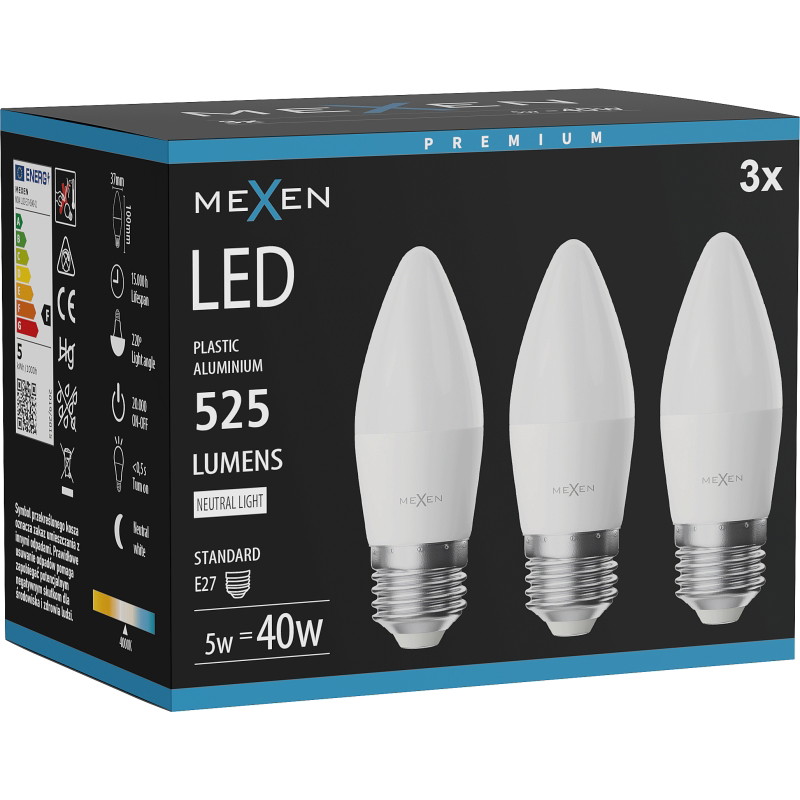 Mexen Nova 3x LED крушка E27, C37, 5W, неутрална - 4000K, 525 lm - L102-E27-0540-01x03
