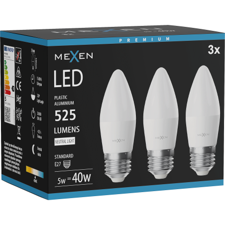 Mexen Nova 3x LED крушка E27, C37, 5W, неутрална - 4000K, 525 lm - L102-E27-0540-01x03