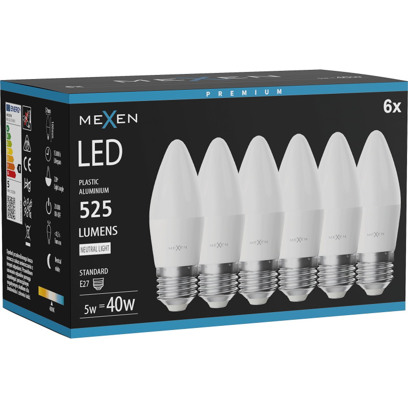 Mexen Nova 6x LED крушка E27, C37, 5W, Неутрална - 4000K, 525 lm - L102-E27-0540-01x06