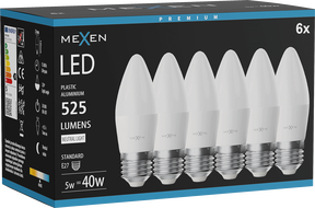 Mexen Nova 6x LED крушка E27, C37, 5W, Неутрална - 4000K, 525 lm - L102-E27-0540-01x06