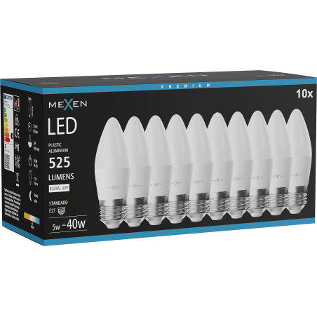 Mexen Nova 10x LED крушка E27, C37, 5W, Неутрална - 4000K, 525 lm - L102-E27-0540-01x10