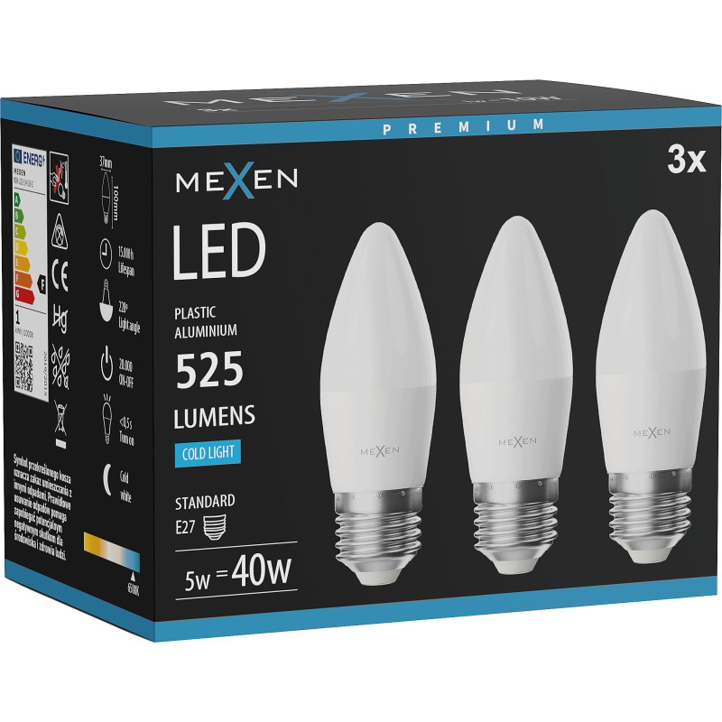 Mexen Nova 3x LED крушка E27, C37, 5W, Студена - 6500K, 525 lm - L102-E27-0565-01x03