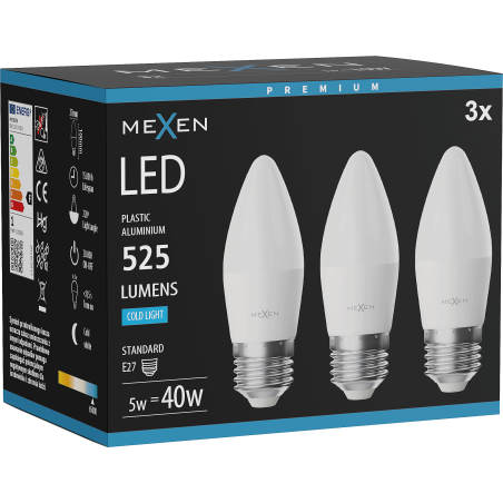 Mexen Nova 3x LED крушка E27, C37, 5W, Студена - 6500K, 525 lm - L102-E27-0565-01x03