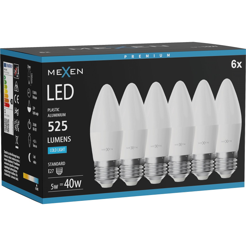 Mexen Nova 6x LED крушка E27, C37, 5W, Студена - 6500K, 525 lm - L102-E27-0565-01x06
