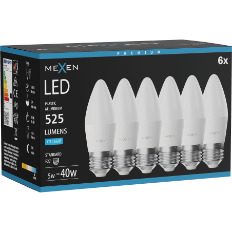 Mexen Nova 6x LED крушка E27, C37, 5W, Студена - 6500K, 525 lm - L102-E27-0565-01x06