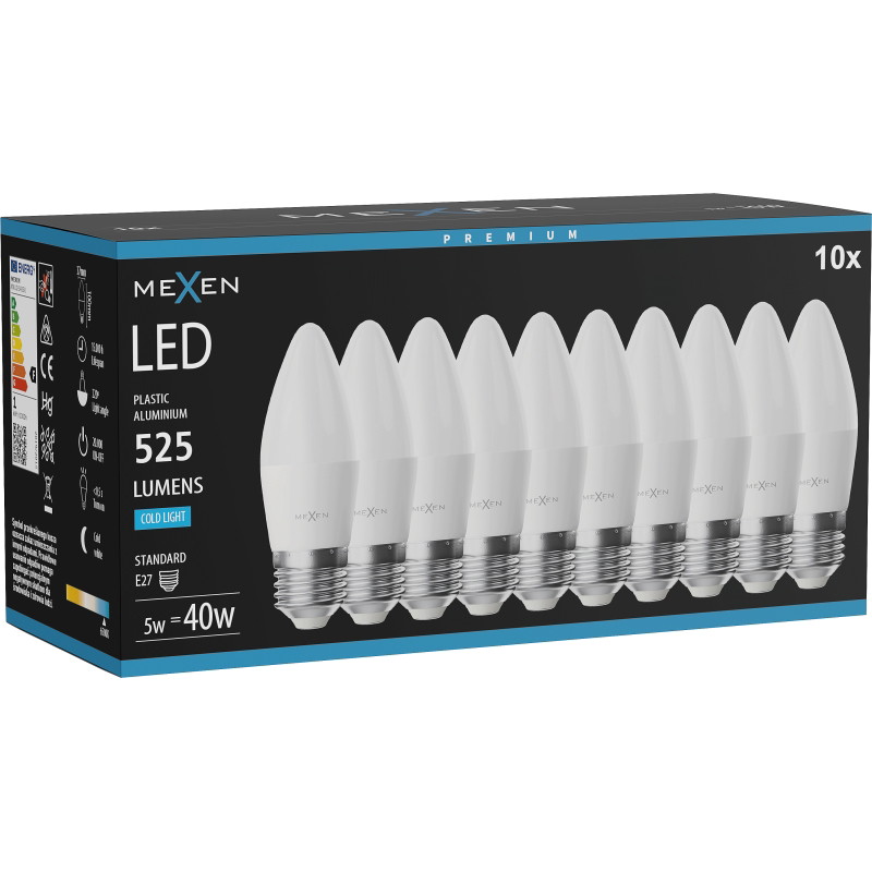 Mexen Nova 10x LED крушка E27, C37, 5W, Студена - 6500K, 525 lm - L102-E27-0565-01x10