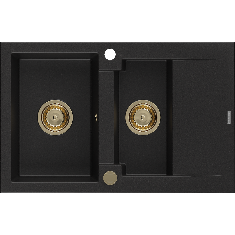 Mexen Gaspar гранитна мивка 1,5-камерна с дренаж 737 x 475 мм, черна, сифон златен