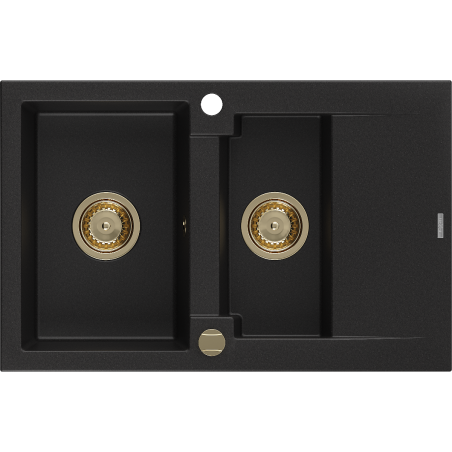 Mexen Gaspar гранитна мивка 1,5-камерна с дренаж 737 x 475 мм, черна, сифон златен