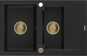 Mexen Gaspar гранитна мивка 1,5-камерна с дренаж 737 x 475 мм, черна, сифон златен