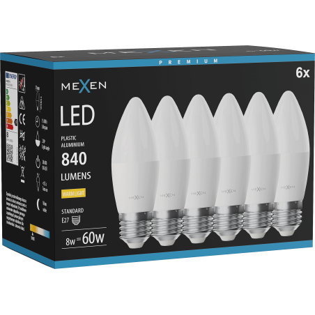 Mexen Nova 6x LED крушка E27, C37, 8W, Топла - 3000K, 840 lm - L102-E27-0830-01x06
