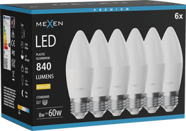 Mexen Nova 6x LED крушка E27, C37, 8W, Топла - 3000K, 840 lm - L102-E27-0830-01x06