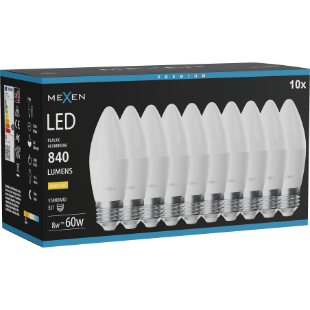 Mexen Nova 10x LED крушка E27, C37, 8W, Топла - 3000K, 840 lm - L102-E27-0830-01x10