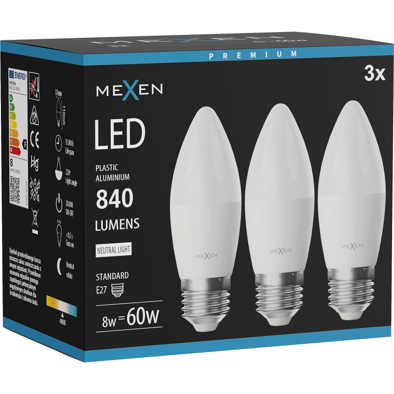Mexen Nova 3x LED крушка E27, C37, 8W, Неутрална - 4000K, 840 lm - L102-E27-0840-01x03