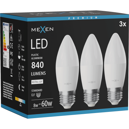 Mexen Nova 3x LED крушка E27, C37, 8W, Неутрална - 4000K, 840 lm - L102-E27-0840-01x03
