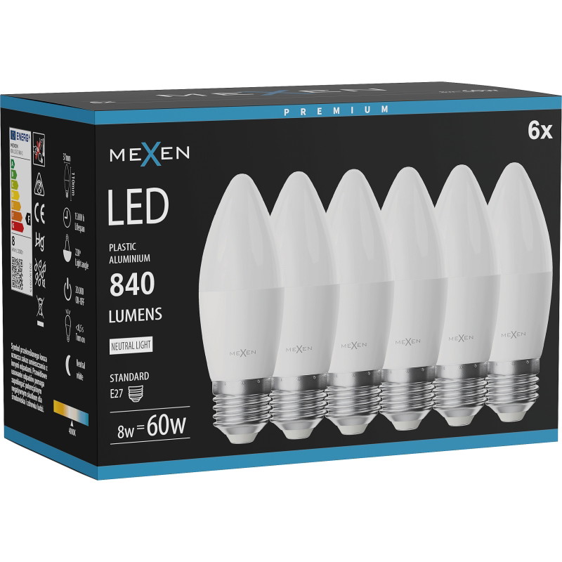 Mexen Nova 6x LED крушка E27, C37, 8W, неутрална - 4000K, 840 lm - L102-E27-0840-01x06