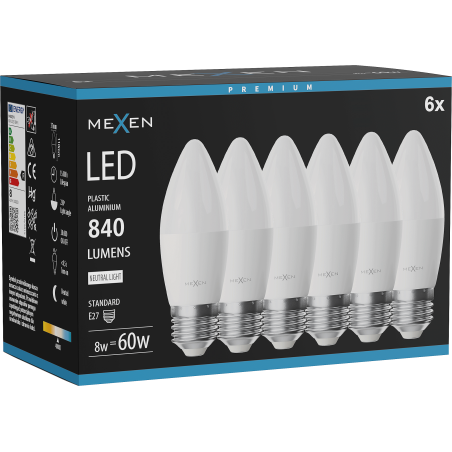 Mexen Nova 6x LED крушка E27, C37, 8W, неутрална - 4000K, 840 lm - L102-E27-0840-01x06